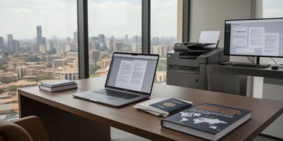 Person using a laptop to manage digital documents with a global map background for Digital Document Services