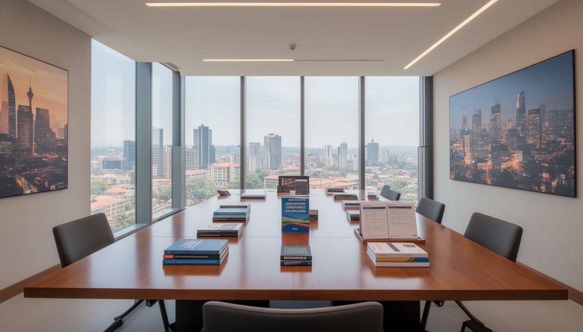 Business professionals discussing immigration compliance with a consultant