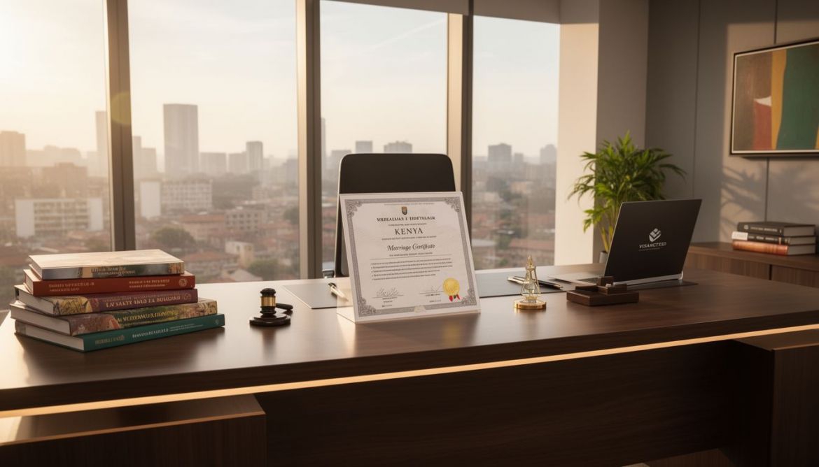 Official Kenya Marriage Certificate document displayed with company logo