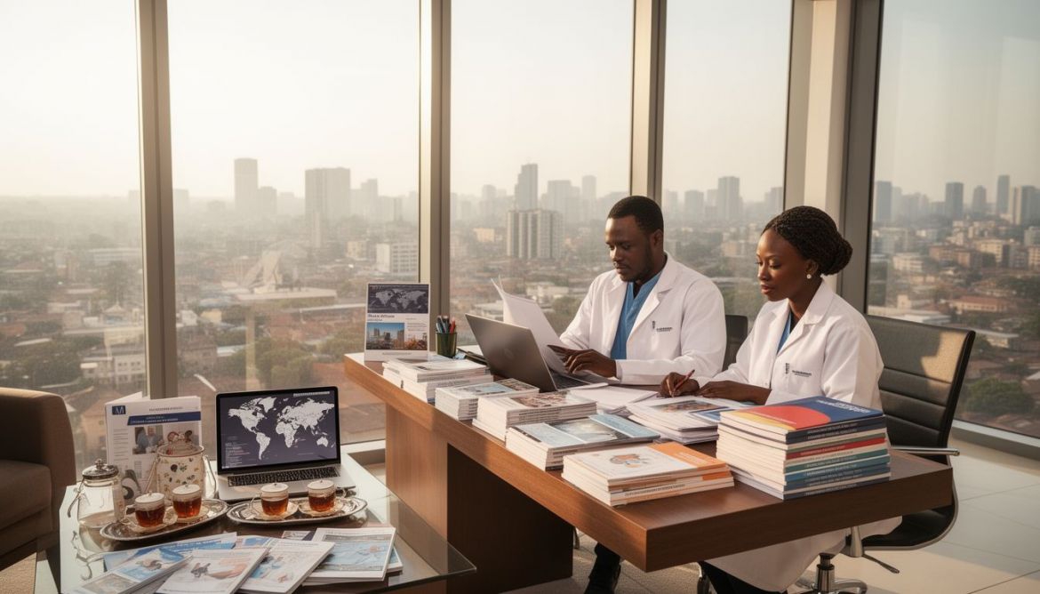 Doctor consulting with a patient about international medical facility recommendations.