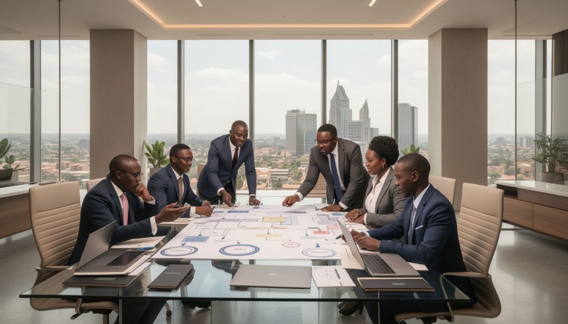 Visit & Work Travel Agency consultants discussing organizational restructuring with a Kenyan business team.