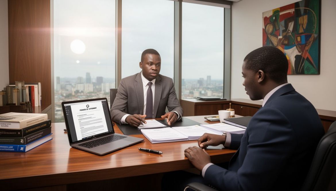Kenyan legal professional reviewing Power of Attorney document with client