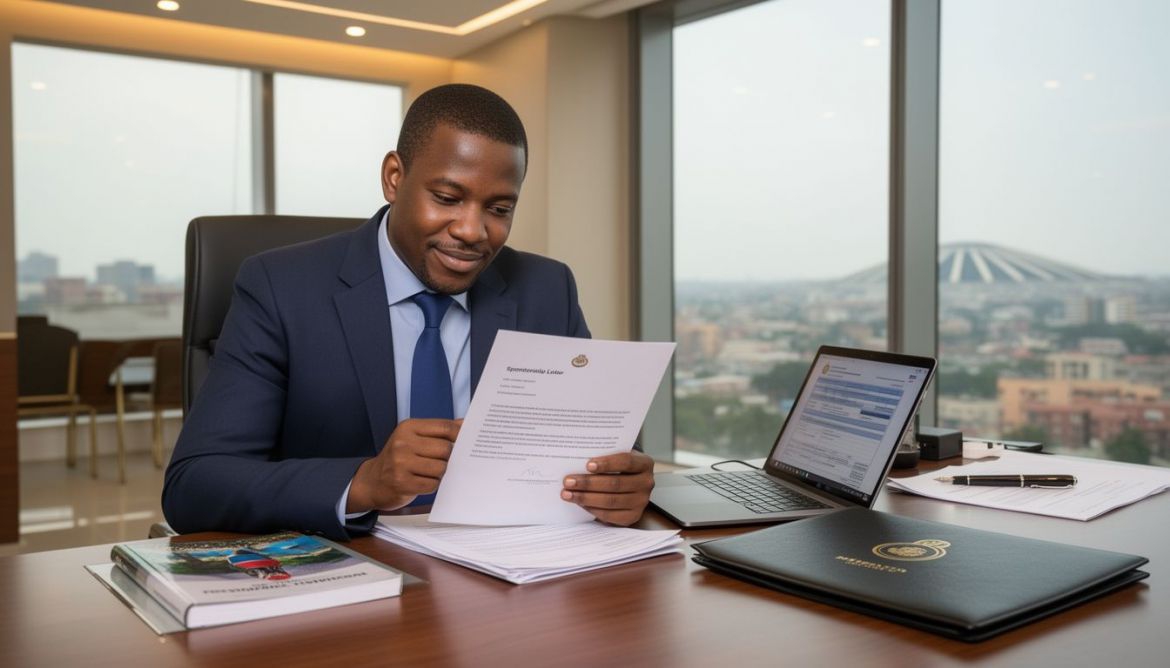 Professional reviewing and signing a sponsorship letter for international travel and job applications.