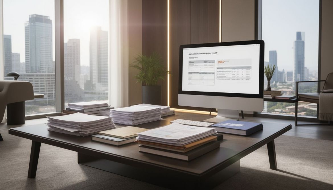 Professional hand organizing documents for international visa application